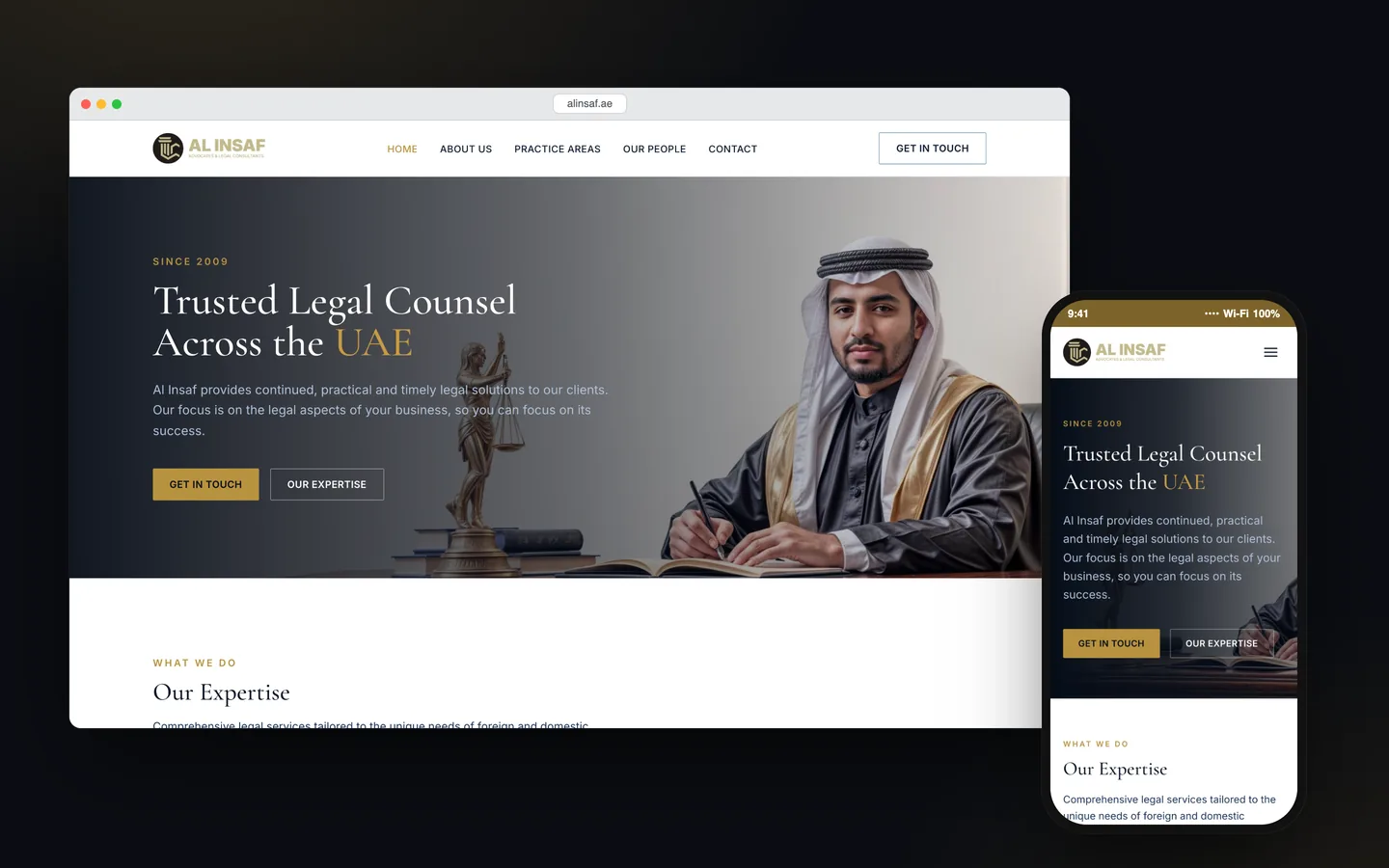 ماکاپ دسکتاپ و موبایل از صفحه اصلی وب‌سایت AL INSAF