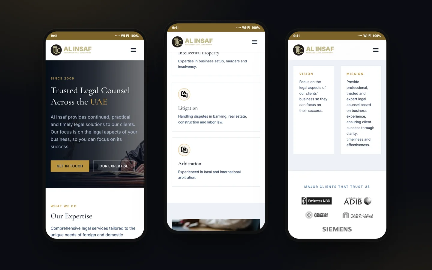 سه نمای موبایل از وب‌سایت حقوقی AL INSAF