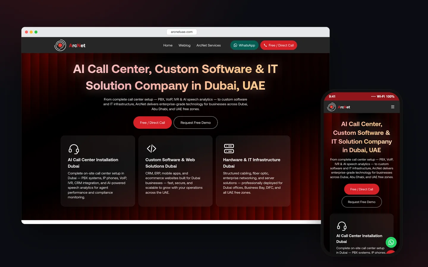 ماکاپ دسکتاپ و موبایل از صفحه اصلی وبسایت ArcNet