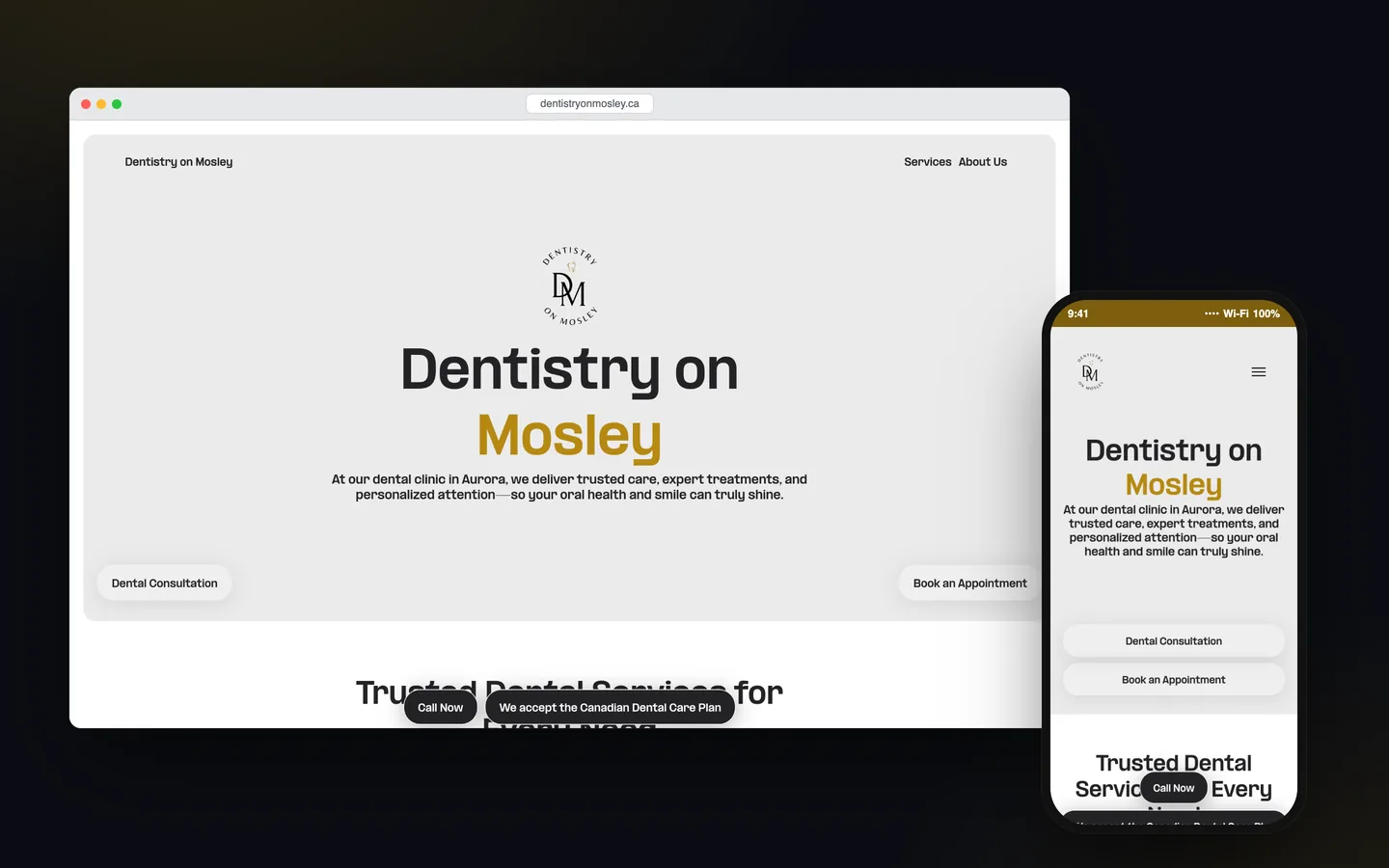 ماکاپ دسکتاپ و موبایل از صفحه اصلی وبسایت Dentistry on Mosley