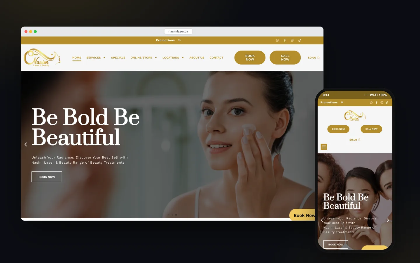 ماکاپ دسکتاپ و موبایل از صفحه اصلی وبسایت Nasim Laser & Beauty
