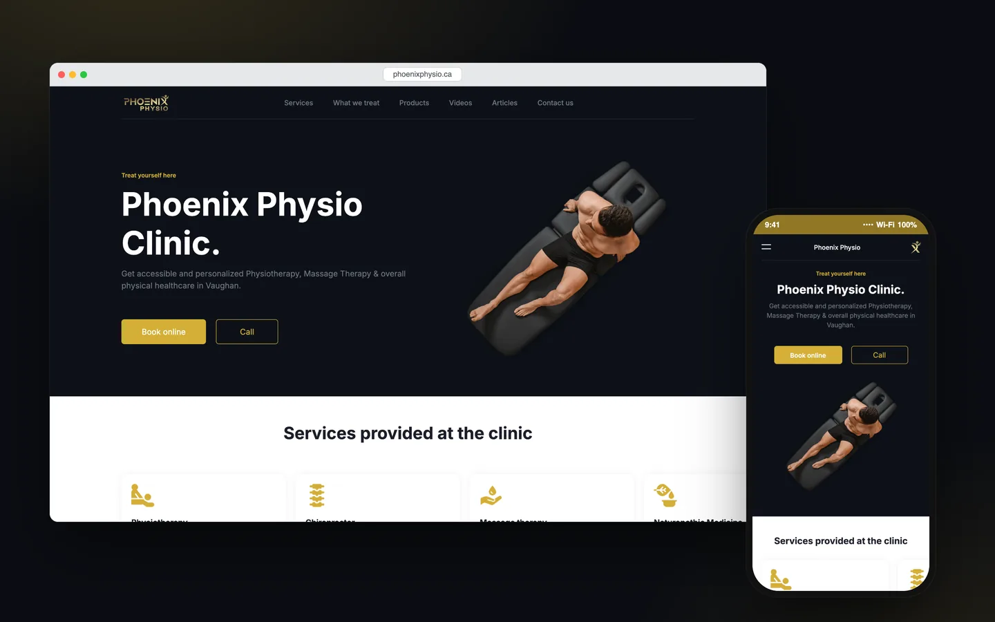 ماکاپ دسکتاپ و موبایل از صفحه اصلی وبسایت Phoenix Physio