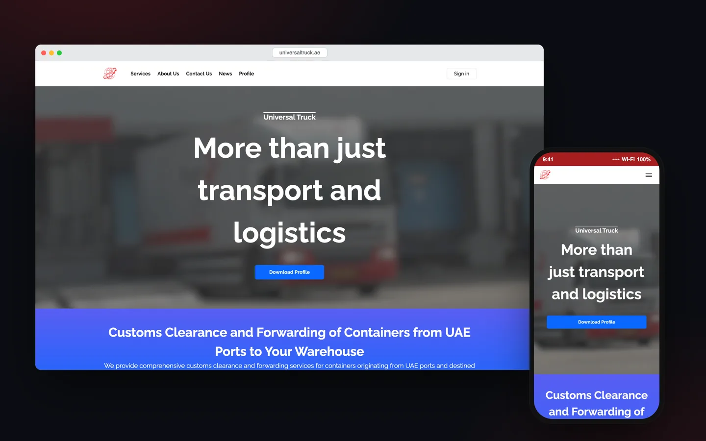 ماکاپ دسکتاپ و موبایل از صفحه اصلی وب‌سایت Universal Truck