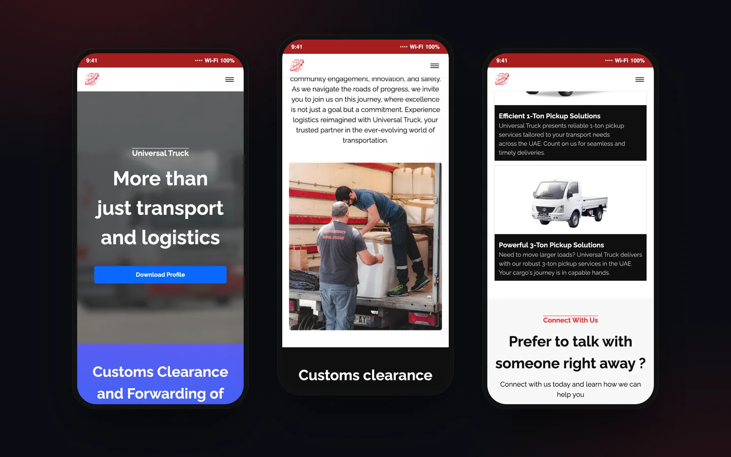 سه نمای موبایل از وب‌سایت Universal Truck