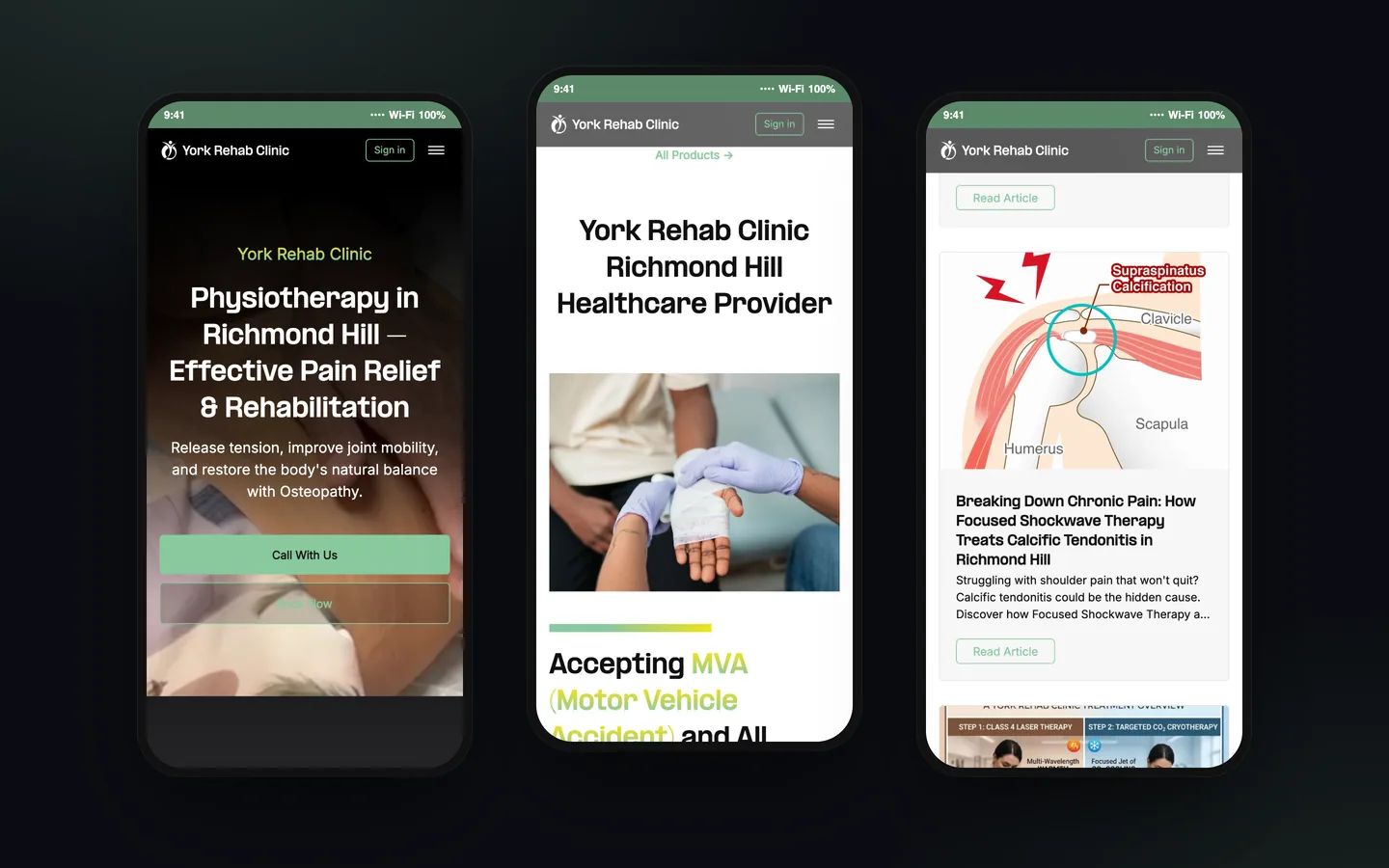 سه نمای موبایل از وبسایت York Rehab Clinic