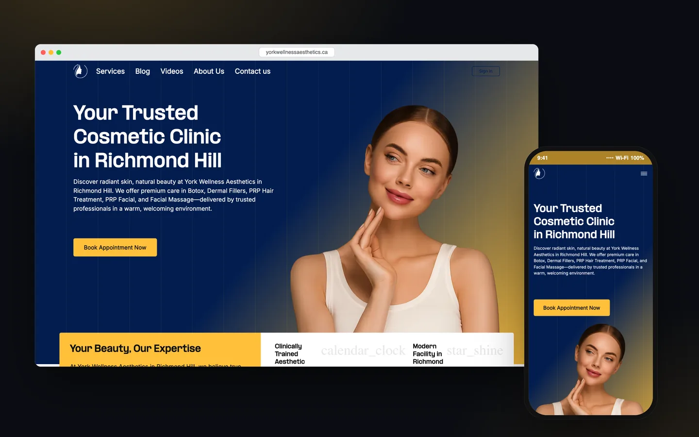 ماکاپ دسکتاپ و موبایل از صفحه اصلی وب‌سایت York Wellness Aesthetics