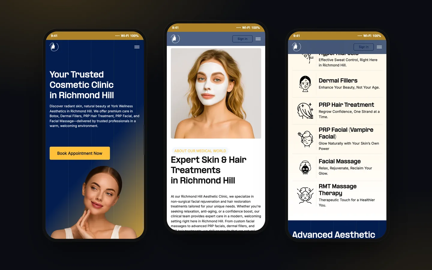 سه نمای موبایل از وب‌سایت York Wellness Aesthetics