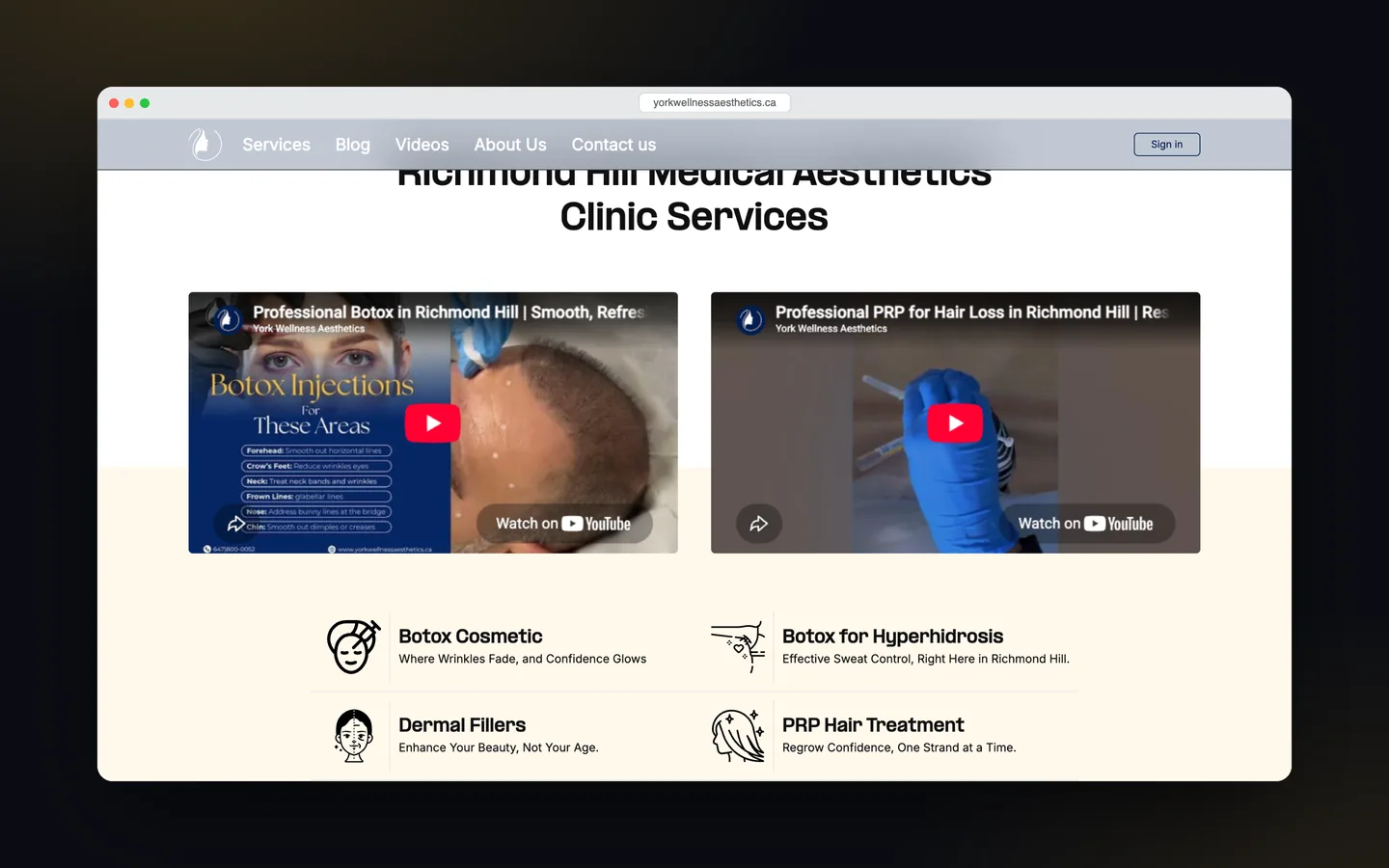 بخش معرفی خدمات وب‌سایت York Wellness Aesthetics