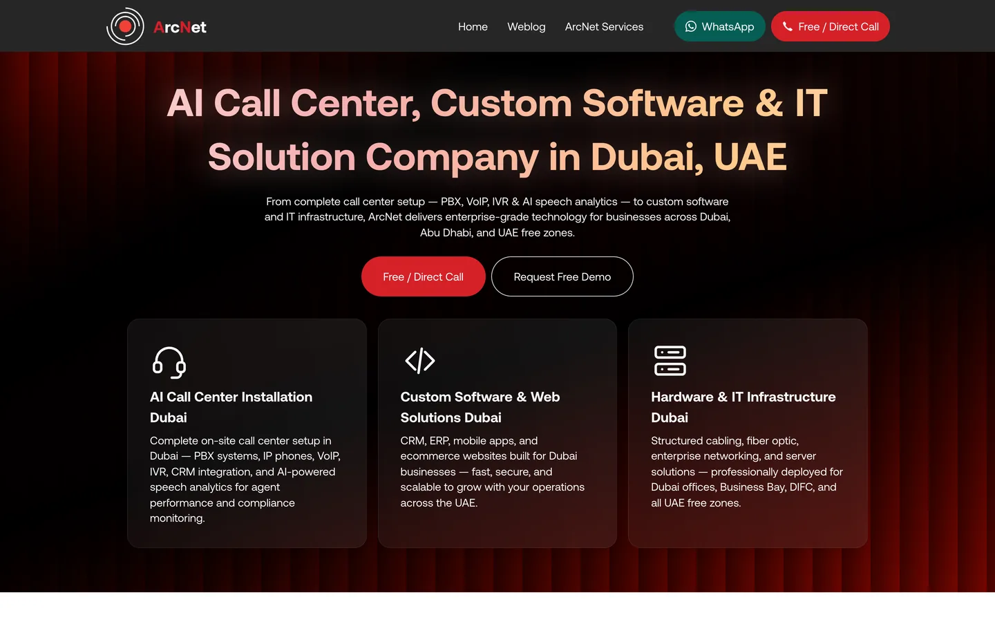 تصویر صفحه اصلی وبسایت وبسایت شرکت ARC NET UAE