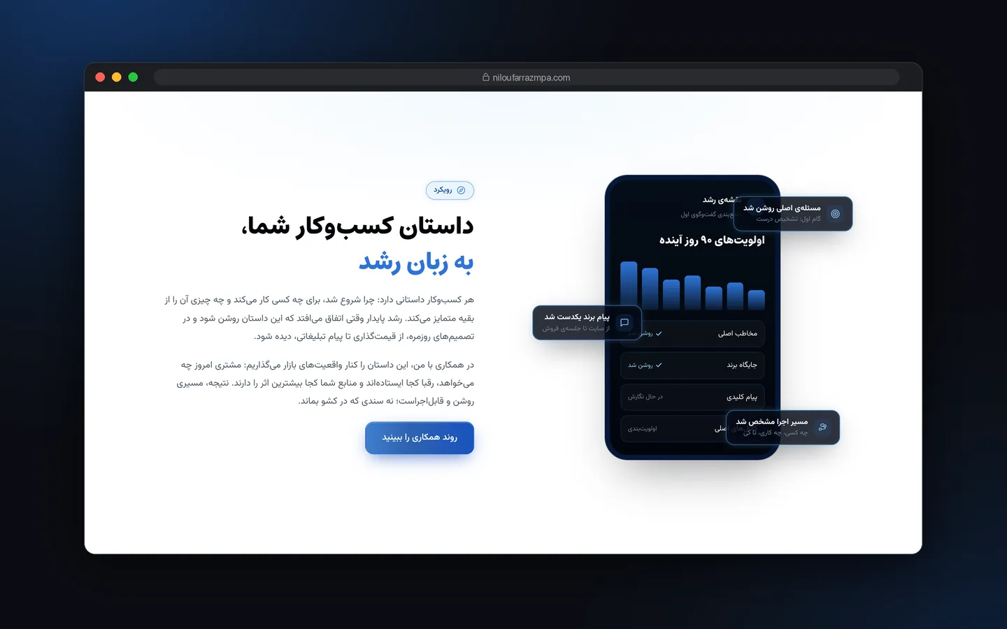 بخش رویکرد مشاوره با ماکاپ داشبورد در وب‌سایت نیلوفر رزم‌پا