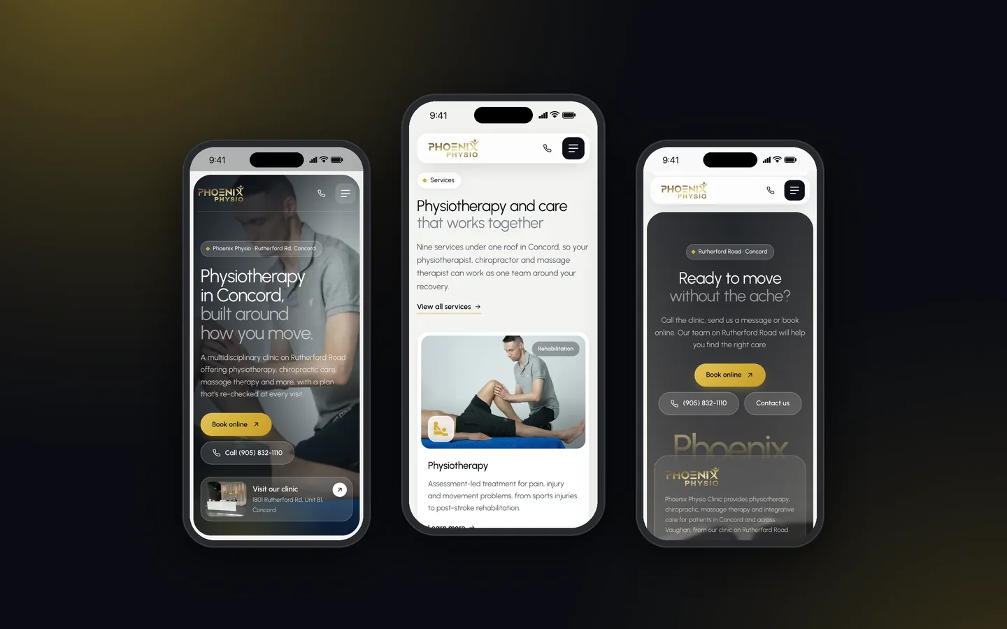 سه نمای موبایل از وبسایت Phoenix Physio