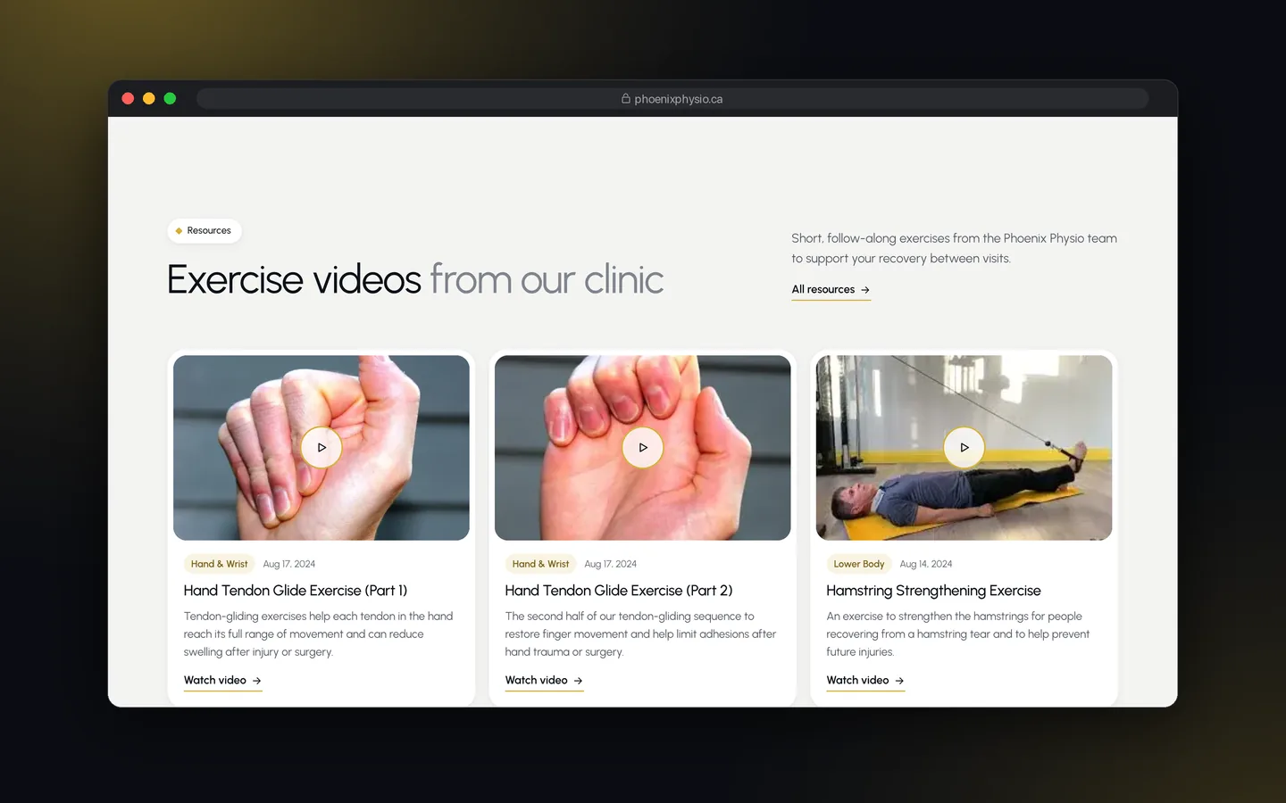 بخش ویدیوهای تمرینی وبسایت Phoenix Physio