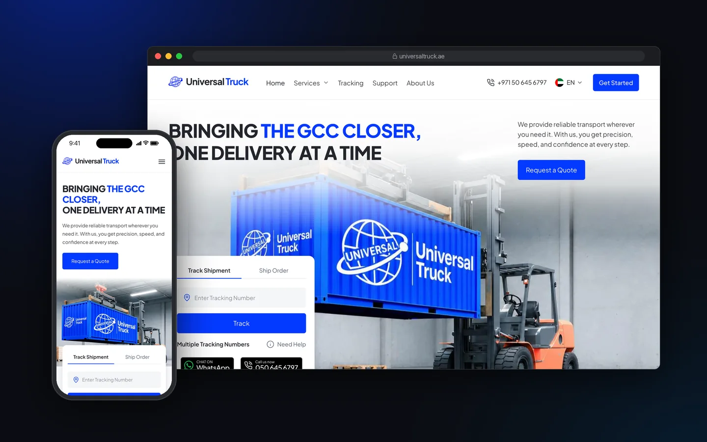 ماکاپ دسکتاپ و موبایل از صفحه اصلی وبسایت Universal Truck