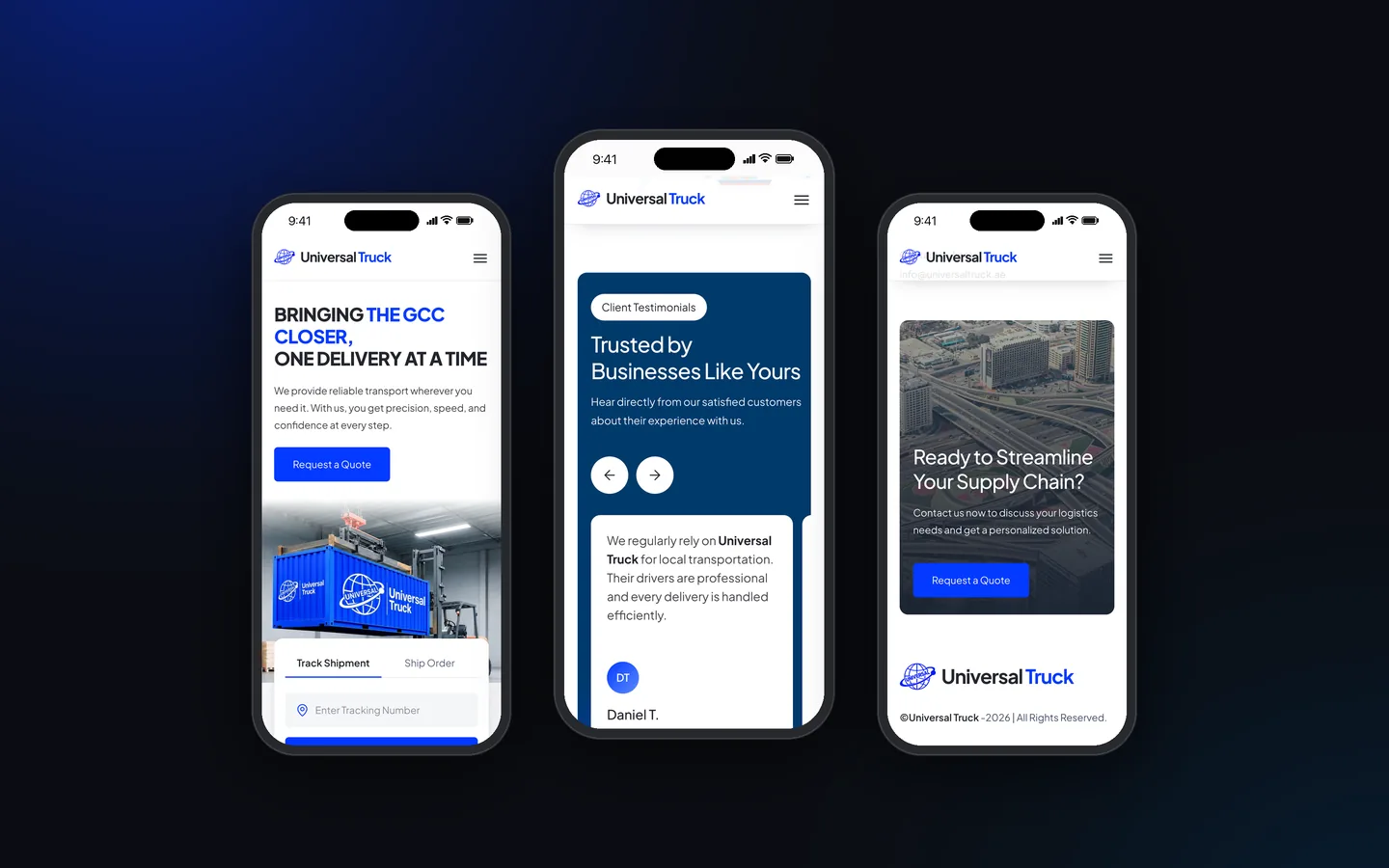 سه نمای موبایل از وبسایت Universal Truck