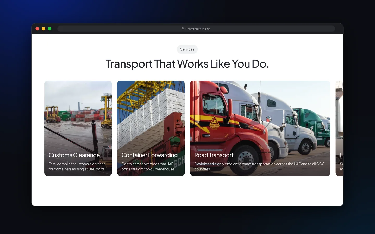 بخش معرفی خدمات وبسایت Universal Truck